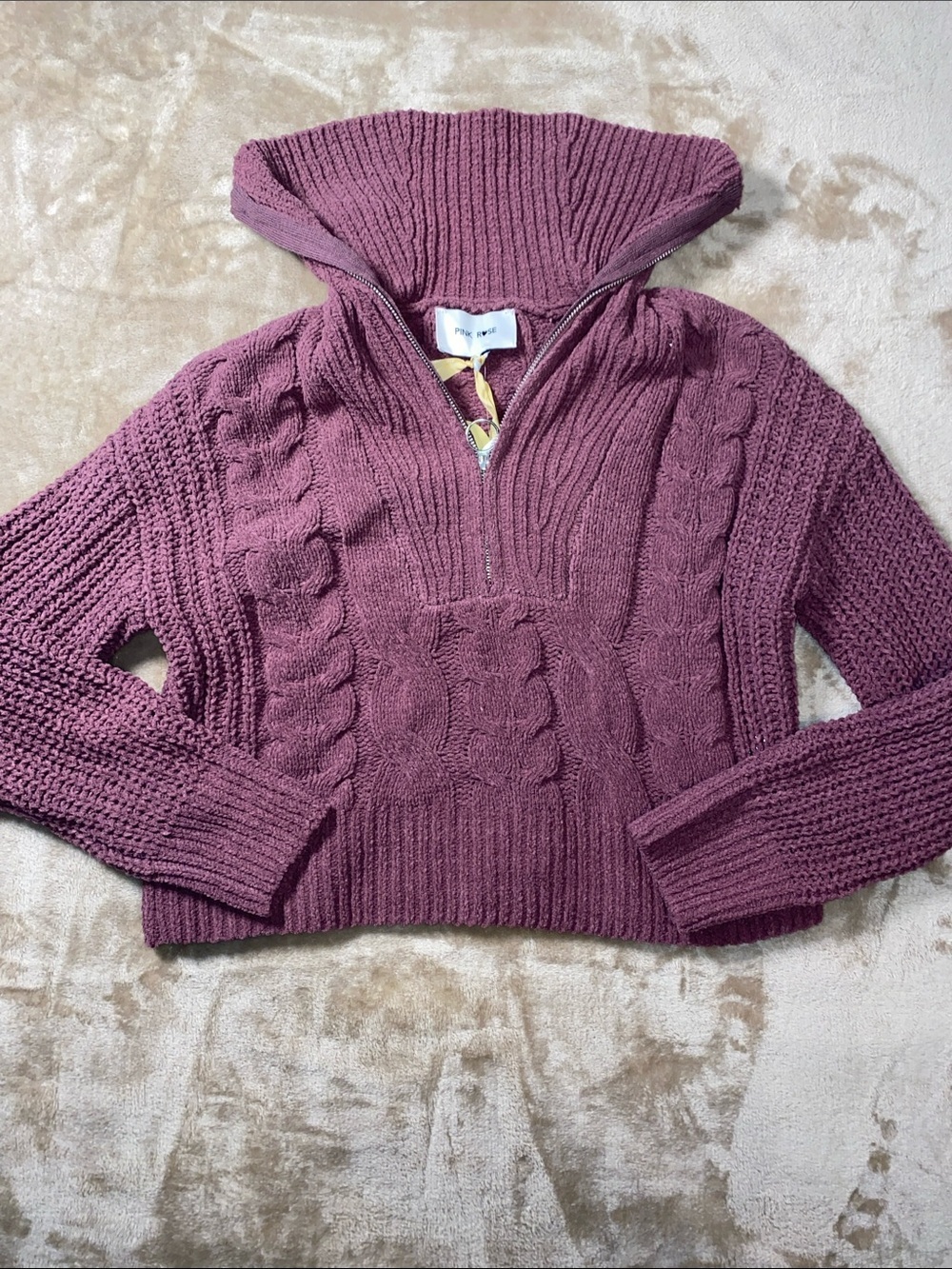 Pink Rose mauve Cable-Knit Half-Zip Hoodie Sweater